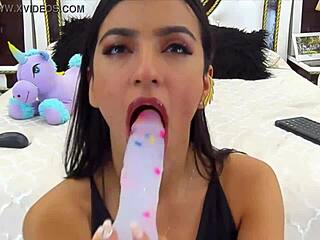 perfect model gives intense blowjob on webcam, teasing viewers