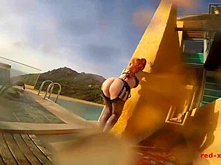 sexy mature red xxx teases herself with a dildo by the pool