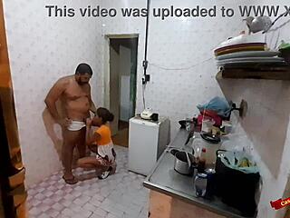 Skinny Latina teen in the kitchen with her stepdad, intriguing encounter.