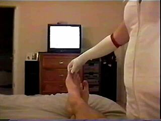 Busty brunette as blonde nurse sucks patient's cock in hospital