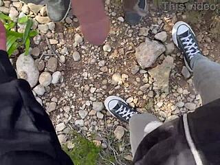 amateur couple's mountain blowjob with cum in mouth