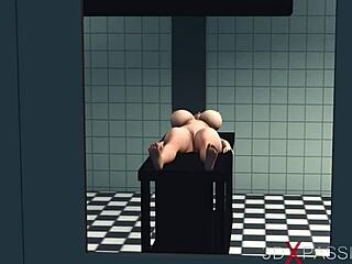 sexy cuffed girl with big natural tits rubs her pussy and ass using a huge toy 😍