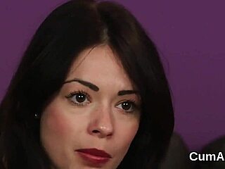 Hey, nasty stunner sucking all that jizz in a wild blowbang cumshot 😈