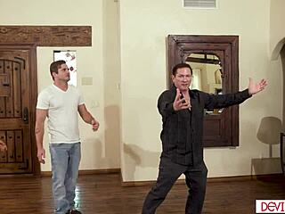 Petite Wife Dominates Blowjob for Husband and Neighbor