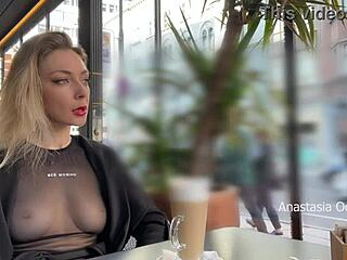 Flashing Tits in Cafe Through Glass Walls for All to See!