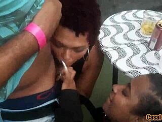 lucky dude gets triple blowjob from grazy, nana, and chubby at party!