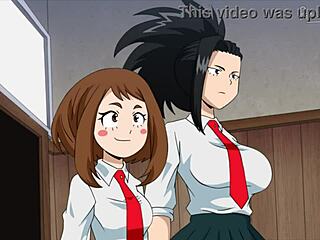 Two teens choking on huge cocks in My Hero Academia hentai