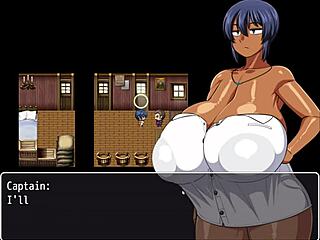 Tanned girl Natsuki flashes huge tits in hentai game.