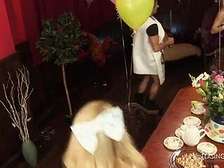 Blondes and brunettes suck and ride in hardcore group sex