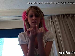 in this bdsm scene, the femdom humiliates the guy with small 18+ cock, making him jerk it