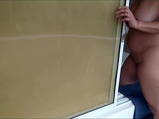 Watch shaved pussy gaping after handjob and cum on tits in voyeur jerk off