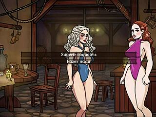 In game of whores, sansa gives dany a striptease blowjob outdoors.