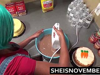 green haired step sister facesits rough step brother in kitchen