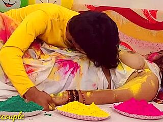 During Holi festival, a man passionately fucks a beautiful widow bhabhi. They engage in blowjob and doggystyle positions intensely.