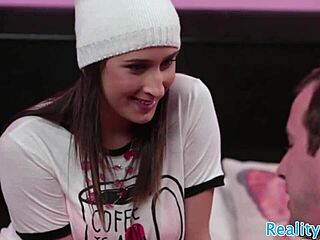 Deepthroating teen babe gets her trimmed pussy creamed in amateur scene.