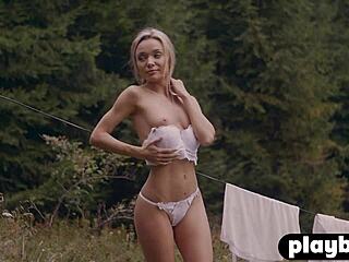 Petite blonde milf zhenya belaya undresses outdoors in ripped lingerie