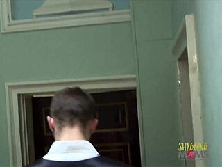 Hot chick in uniform grabs a stiff shaft