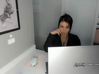 sexy secretary with huge boobs gives boss handjob