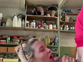 Guy pounds young girl's ass hard in father's garage