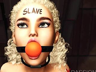 strap-on drives horny blonde lesbian slut wild in tight restraints