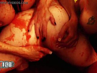 i'm so horny watching this lesbian threesome in a messy plastic pool with tomato sauce