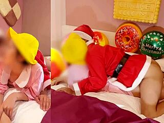 in this christmas cosplay, the asian couple practices getting pregnant with santa, creampie in her small pussy with dirty talk
