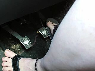 Barefoot chubby amateur driving in flip flops