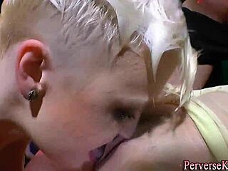 Tat whore drinking piss in group golden shower