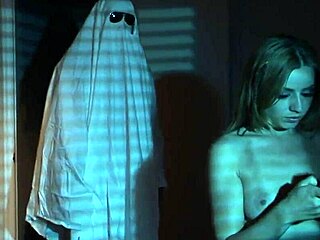 halloween sexy nude blonde girl on bed, hairy tits and boobs exposed