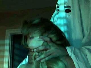 halloween sexy nude blonde girl on bed, hairy tits and boobs exposed