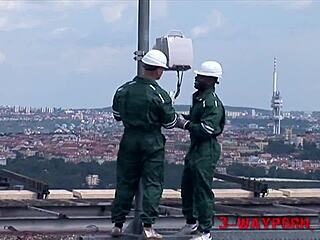 Watch this skinny teen get double anal on rooftop