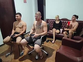 Video game night turns into intense gay bareback fucking with big cocks