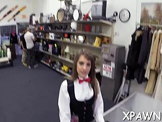 Hot slut intensely sucks and fucks cock in the shop, getting her cunt wet