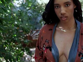 Ebony milf Brookliyn shows off big natural boobs in solo softcore for Playboy.