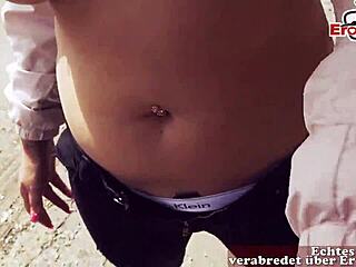 Busty blonde teen feels excitement in public bar during sex date