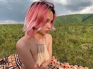 picnic turned wild with a pretty asian girl in public. didn't expect her to flash those tits and ass!