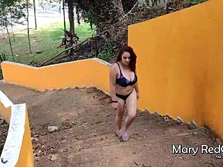 Redhead wife gets pounded and blows monster cock outdoors