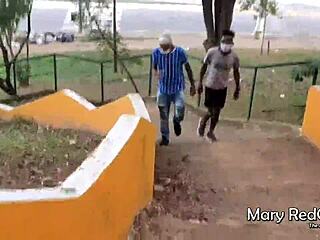 Redhead wife gets pounded and blows monster cock outdoors