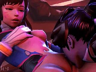 D.Va endures intense double penetration in ass.