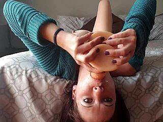 upside down dildo gag forces deepthroat in rough homemade play