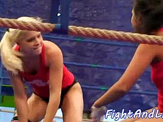 two euro dykes start wrestling but end up licking each other's pussies on the floor in a heated fight