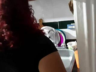I interrupt the horny mature cleaning lady washing dishes to suck my monster cock deepthroat