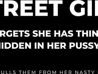 Cracky forgets objects stuffed in her shaved pussy during public stunt