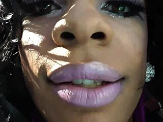 Solo black tranny stroking her cock in bikini