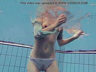 tiny ass in a dress, nastya teases by the pool underwater