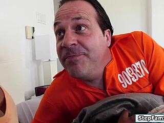 Ebony Kinsley casually facesits her stepdad, smothering him with her big tits while he handles her monster cock in this interracial encounter.