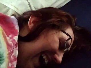 husband fingers tight pussy and ass of nerdy brunette wife!