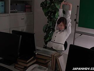 office worker sneakily getting juicy during boring work hours