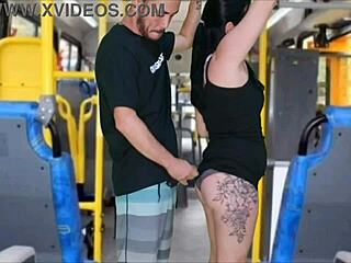 Brazilian morena gets a public bus rub until climax. Her dress and ass take the messy finish!