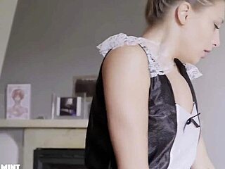 Hey, this thieving maid is masturbating on camera with her small tits out! 😏